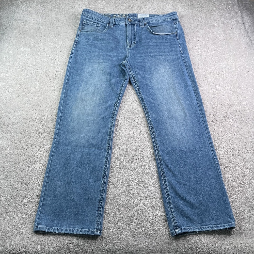 TK Axel Jeans Mens 38x32 Blue Slim Boot Grunge Embroidered Biker Stretch Denim